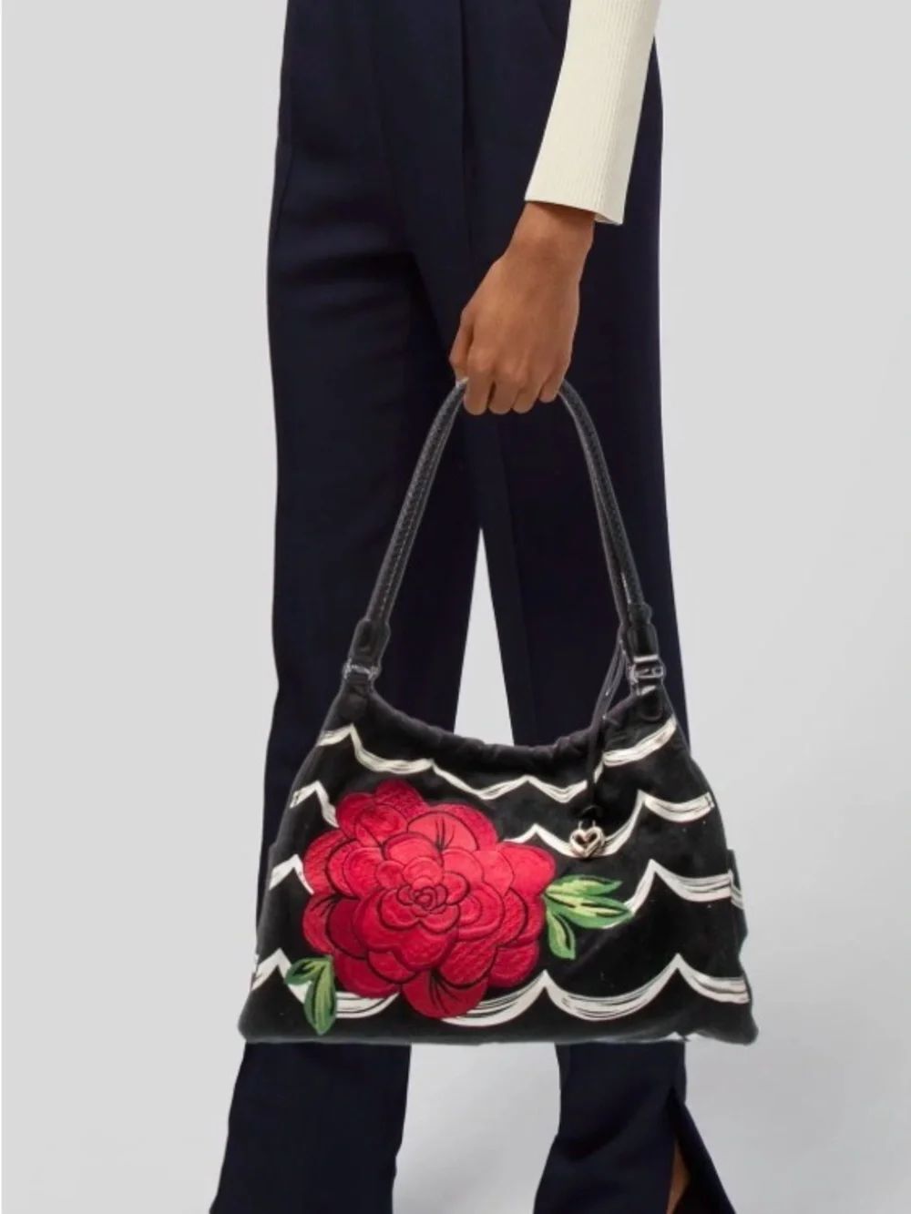 Brighton Black Shoulder Bag with Red Floral Embroidery